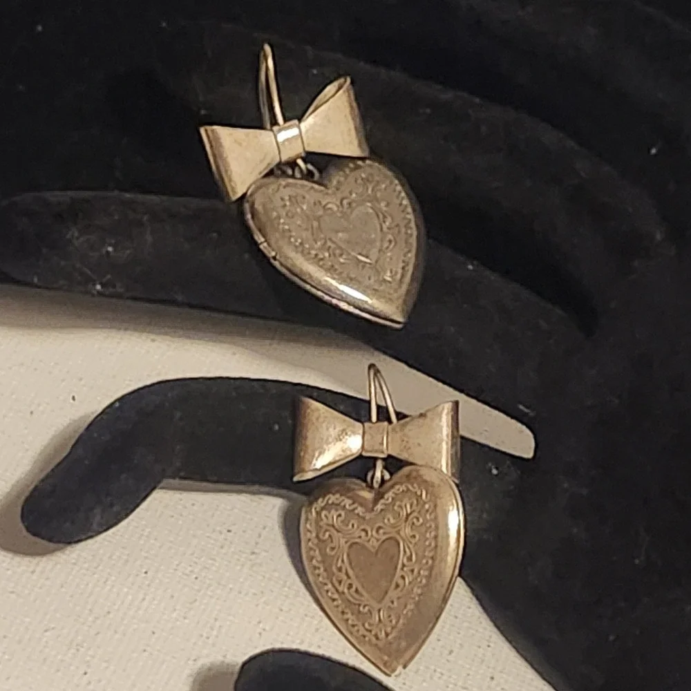 Vintage Heart Locket Earrings Engraved‎ Bow Drop Silver Tone Romantic Jewelry